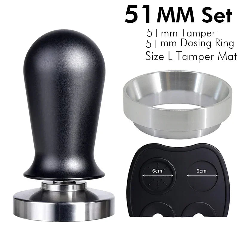 51mm black handle calibrated coffee tamper set with dosing ring and black tamp mat