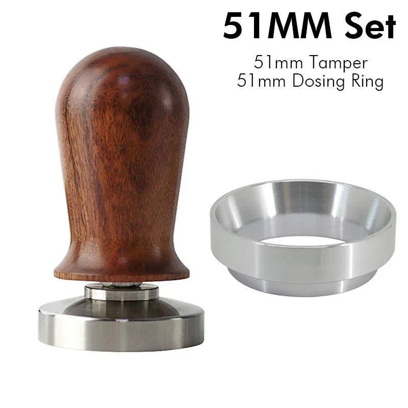 51mm wooden handle calibrated coffee tamper set with dosing ring