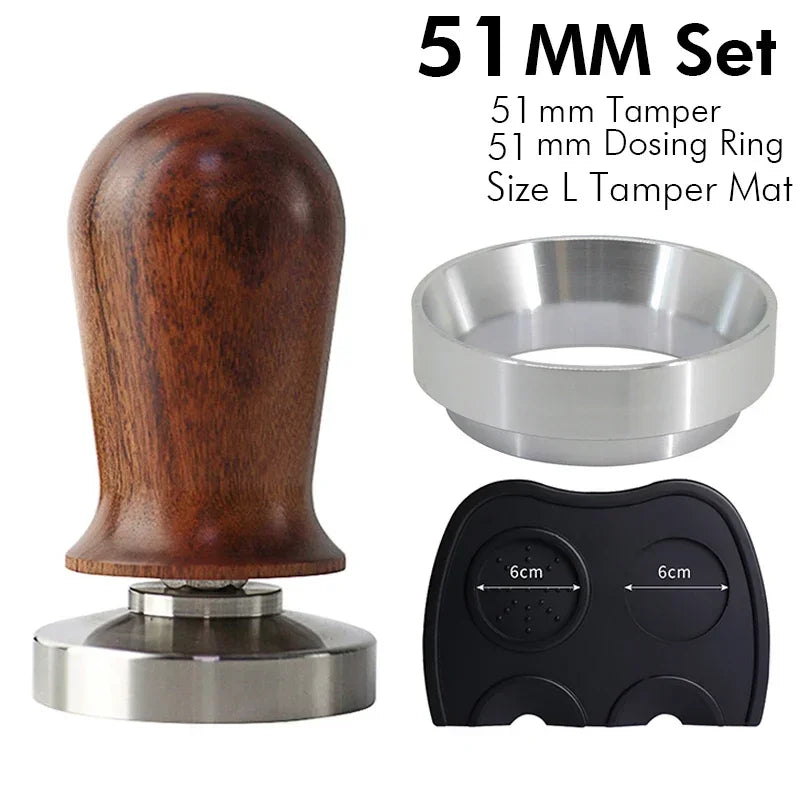 51mm wooden handle calibrated coffee tamper set with dosing ring and black tamp mat