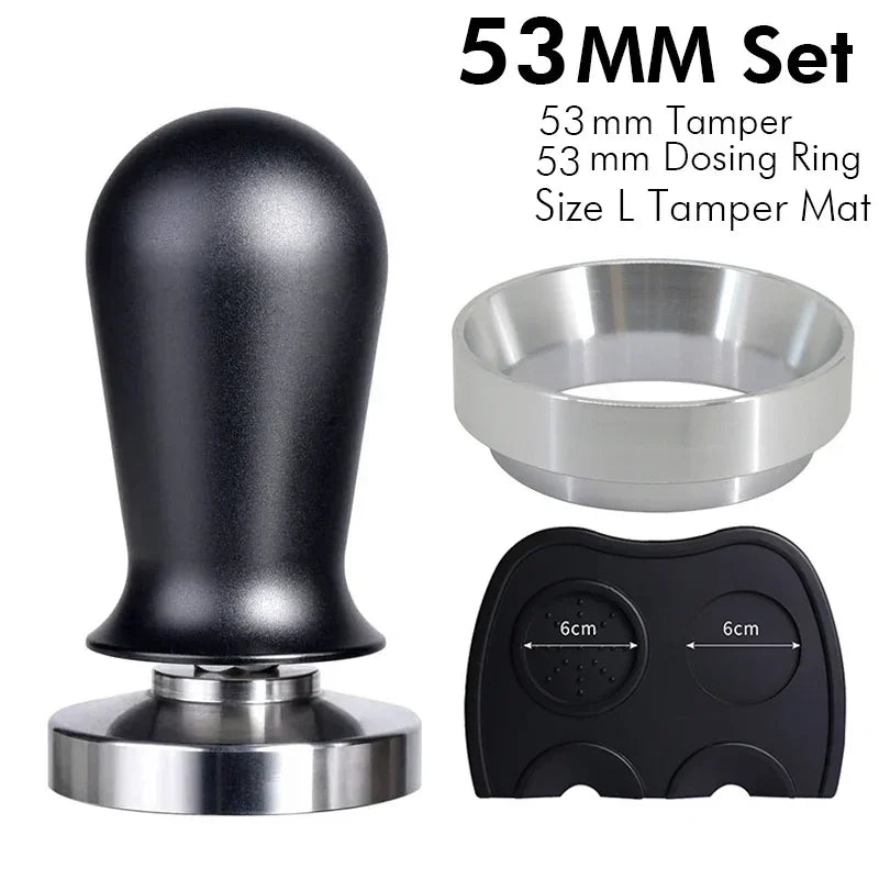 53mm black handle calibrated coffee tamper set with dosing ring and black tamp mat
