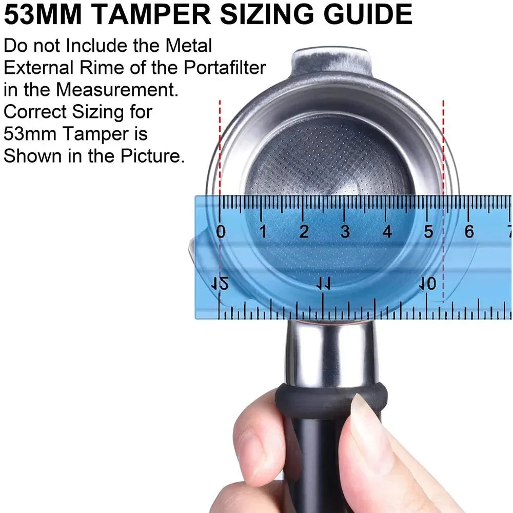 53mm tamper sizing guide with a hand holding a portafilter and a ruler for measurement.