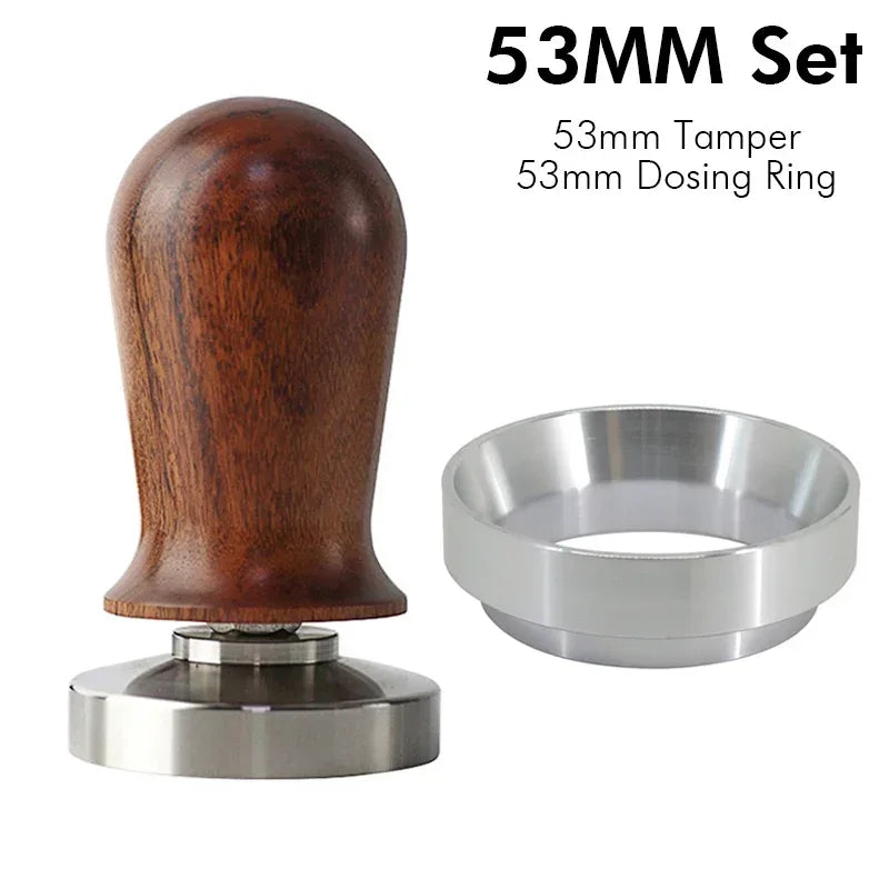 53mm wooden handle calibrated coffee tamper set with dosing ring