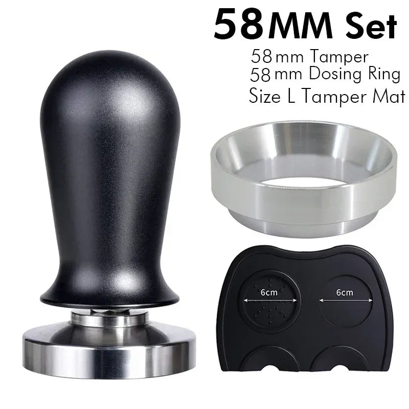 58mm black handle calibrated coffee tamper set with dosing ring and black tamp mat