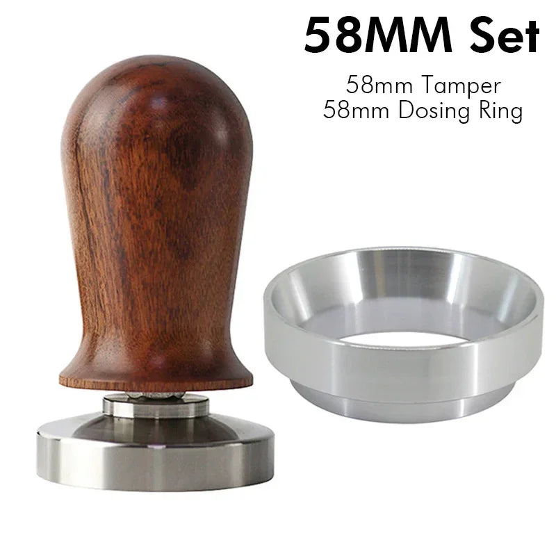 58mm wooden handle calibrated coffee tamper set with dosing ring