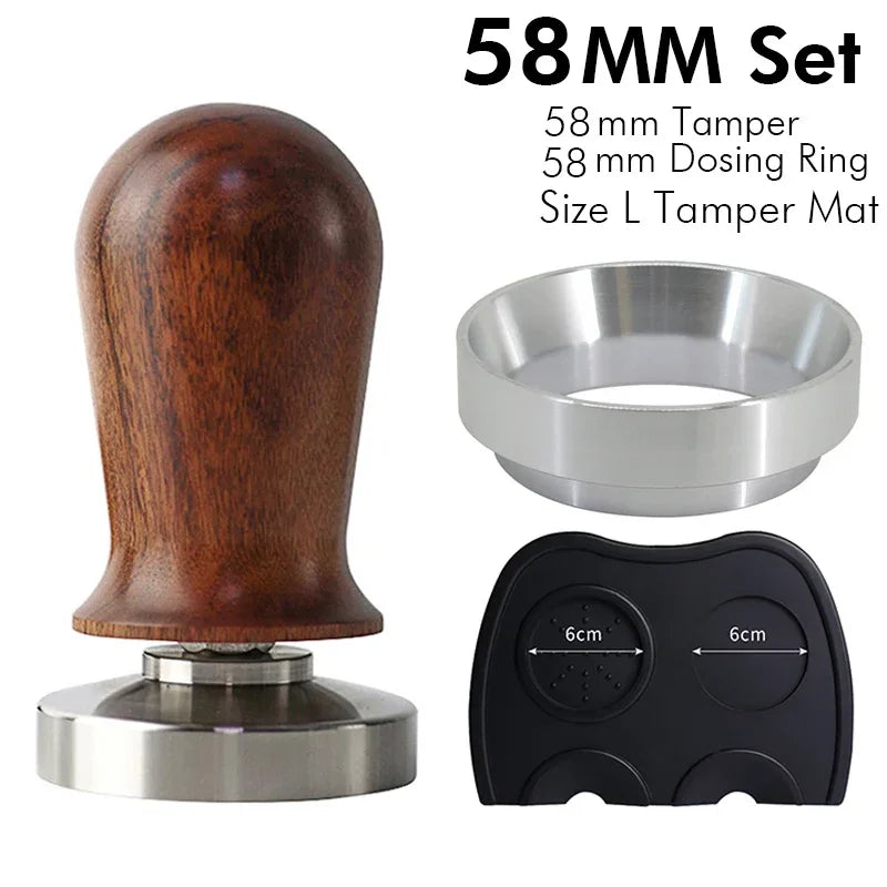 58mm wooden handle calibrated coffee tamper set with dosing ring and black tamp mat