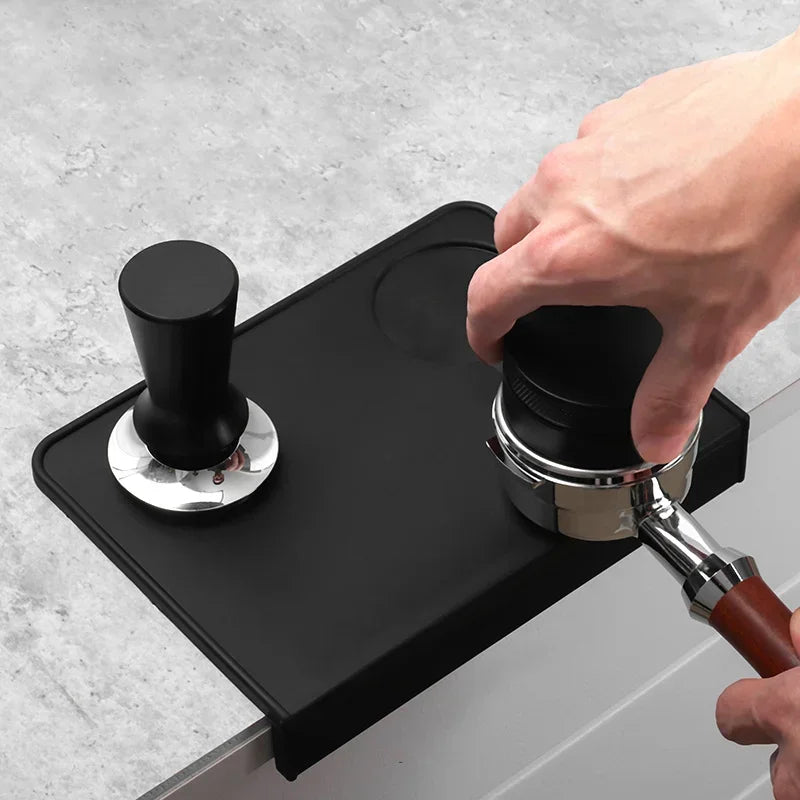 Bench overhang black coffee tamping mat