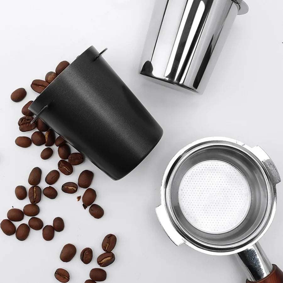 Black and Silver Stainless Steel Coffee Dosing Cup
