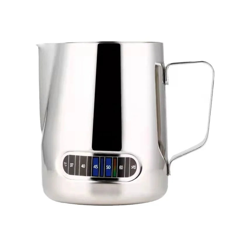 Coffee milk jug with temperature gauge on side