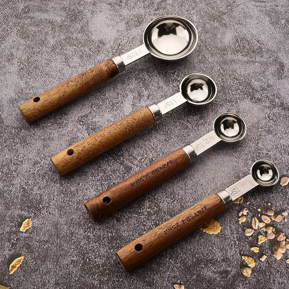 4/8Pcs Wooden Handle Stainless Steel Coffee Measuring Spoons