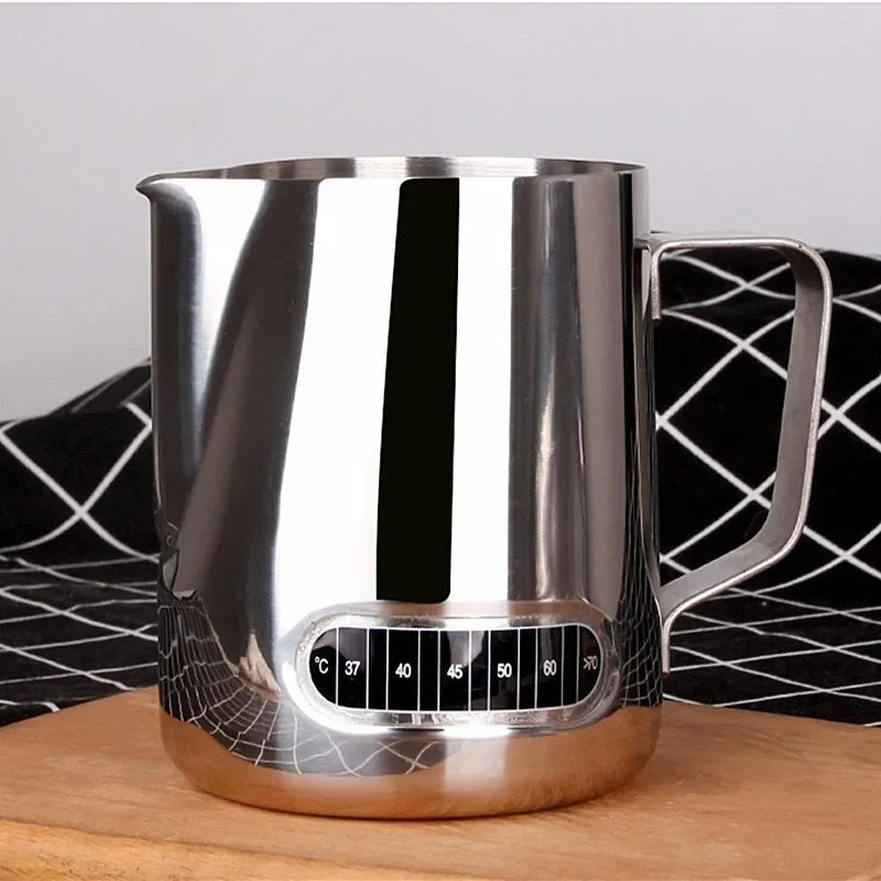 Stainless steel coffee milk jug with temperature gauge