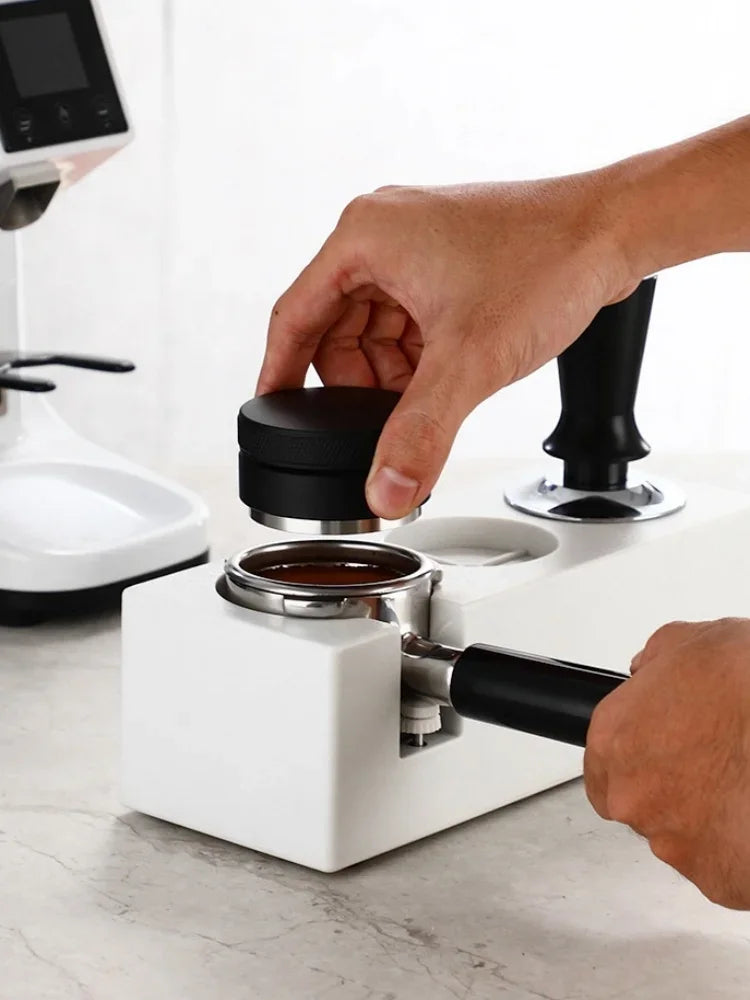White Coffee Tamper and Distributor Station
