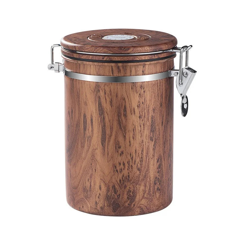 full wood grain stainless steel vacuum sealed coffee bean canister