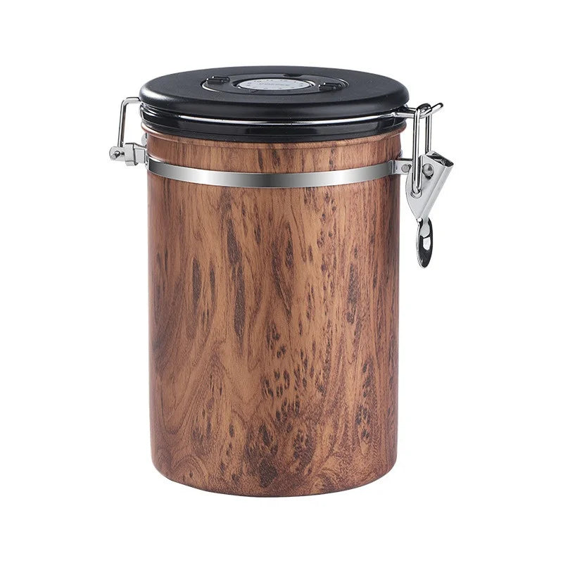 wood grain with black lid stainless steel vacuum sealed coffee bean canister