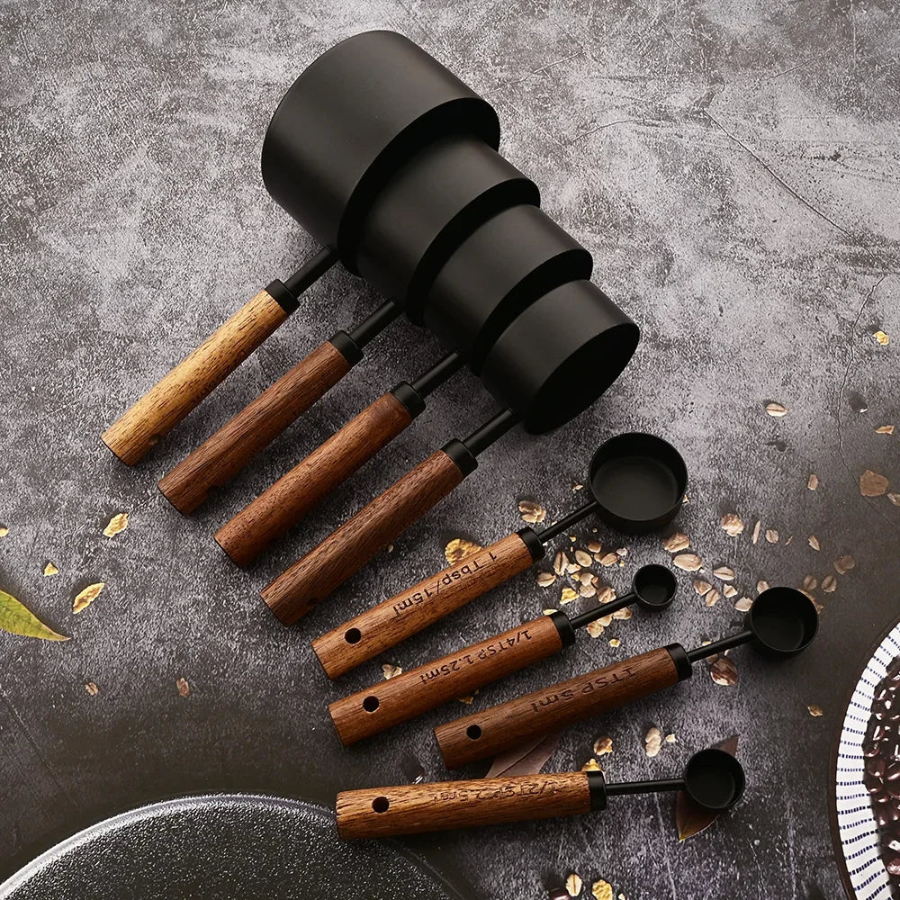 4/8Pcs Wooden Handle Black Stainless Steel Coffee Measuring Spoons