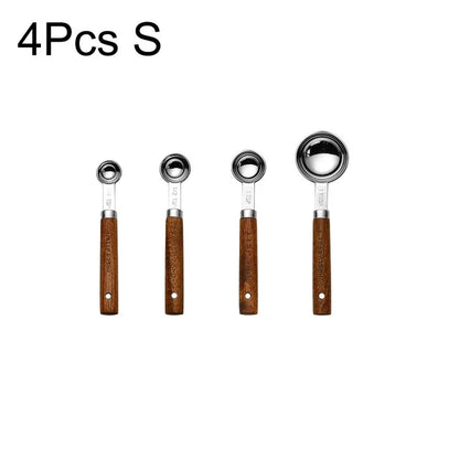 4 piece silver measuring cups with wooden handles small
