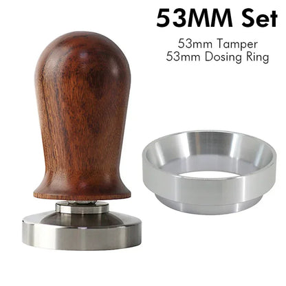 53mm wooden handle calibrated coffee tamper set with dosing ring