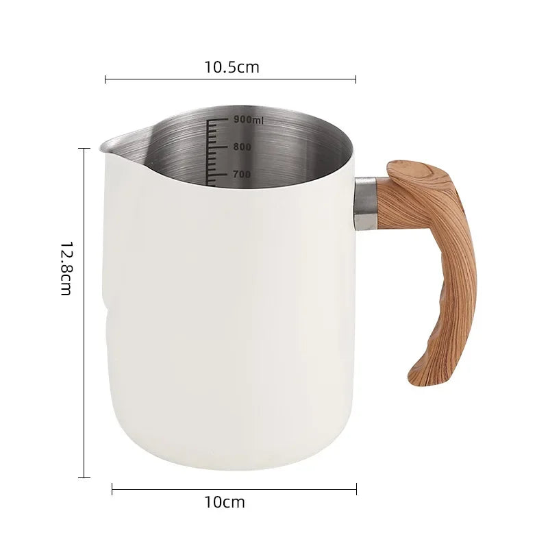 900ML white coffee milk jug with wooden handle