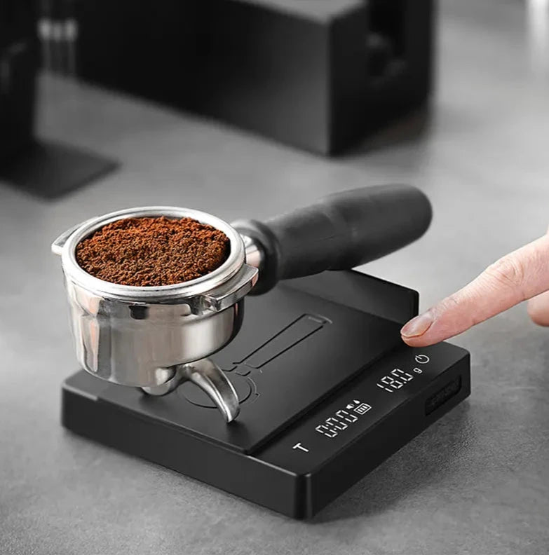 Black digital coffee bean scales