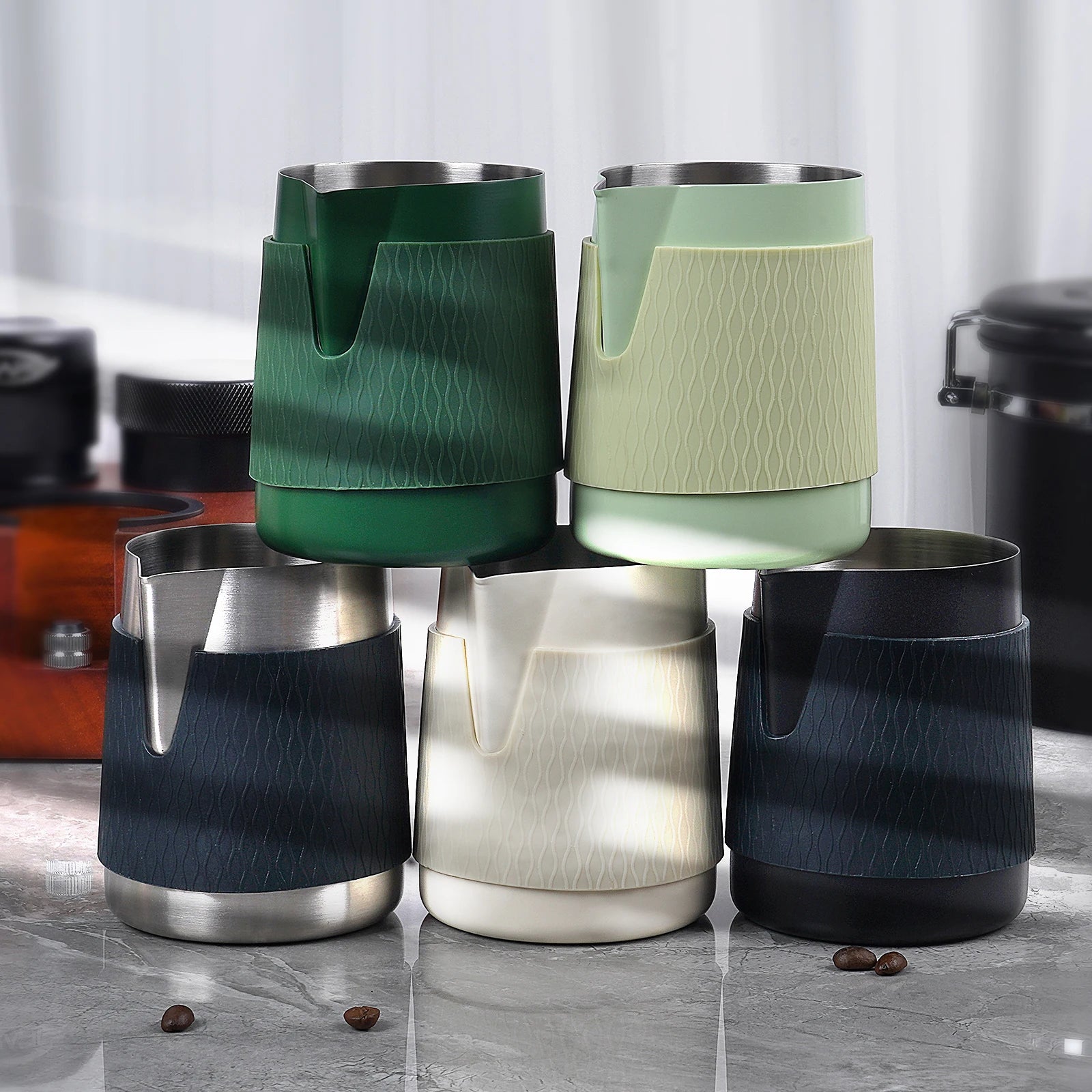 Colour range for handleless espresso coffee milk pitchers