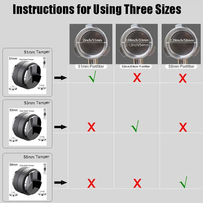 Dimensions for coffee bean distributor and tamper portafilter