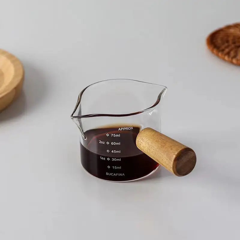 Double Mouth Glass Coffee Shot Measuring Cup WIth Wood Handle