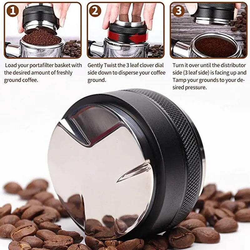 Instructions for using dual head coffee bean distributor and tamper