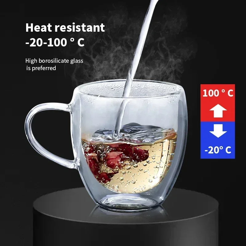 Glass mug with hot liquid being poured into it, featuring temperature indicators on a black background.