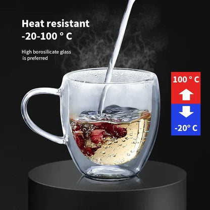 Glass mug with hot liquid being poured into it, featuring temperature indicators on a black background.