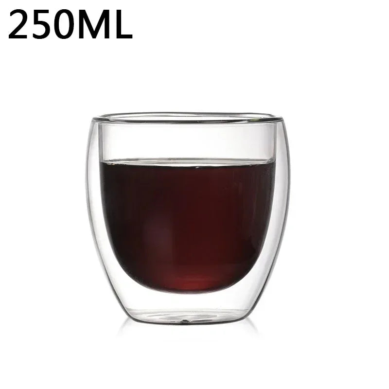 Double-walled glass cup with red liquid and '250ML' text on a white background