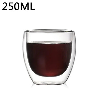 Double-walled glass cup with red liquid and '250ML' text on a white background