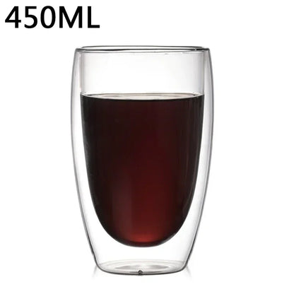 Double wall espresso glass with coffee liquid and '450ML' text on a white background