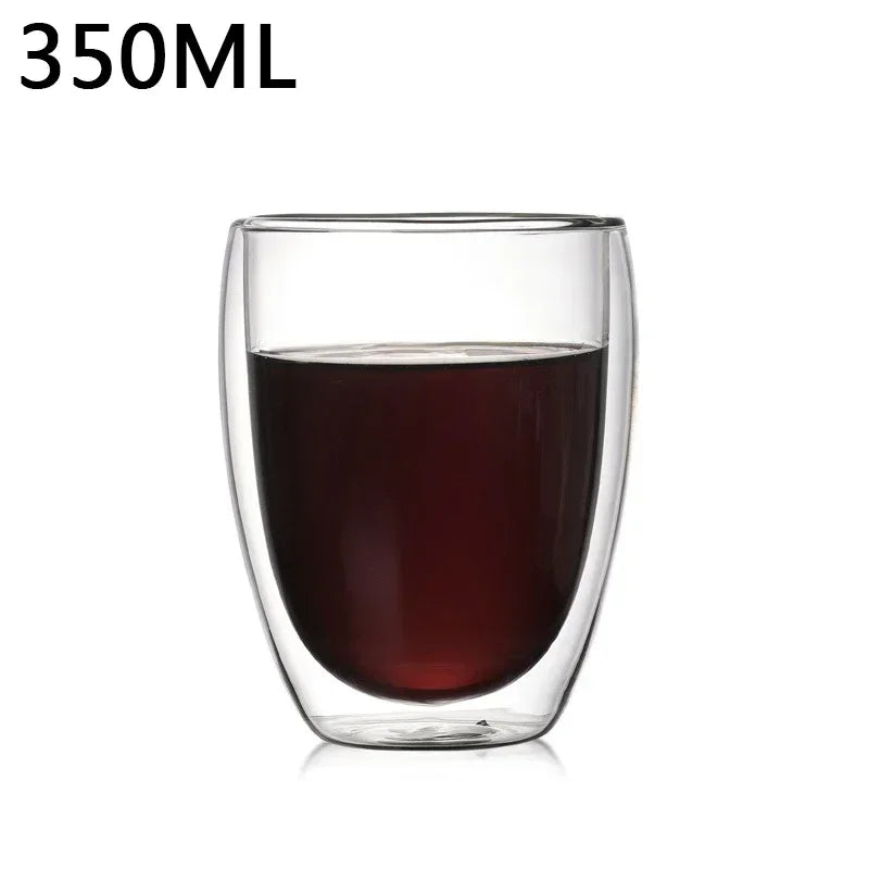 Clear double wall glass with coffee liquid on a white background, labeled '350ML'.