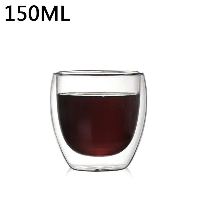 Clear double wall glass with coffee liquid on a white background, labeled '150ML'.