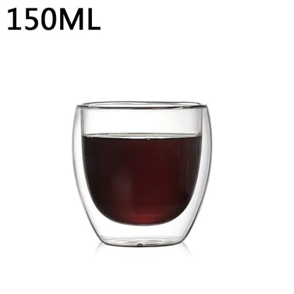 Clear double wall glass with coffee liquid on a white background, labeled '150ML'.