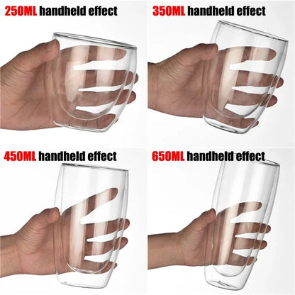 Four images showing different sizes of a double-walled glass with a hand holding each size.