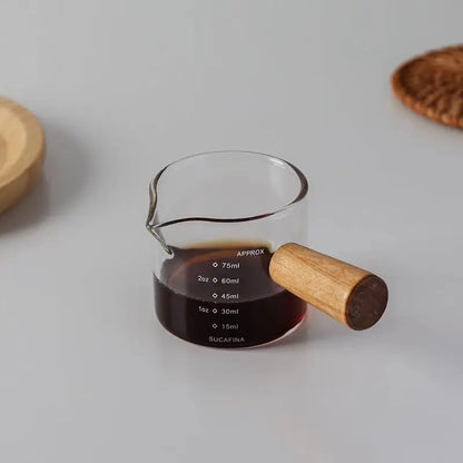 Single Mouth Glass Coffee Shot Measuring Cup WIth Wood Handle