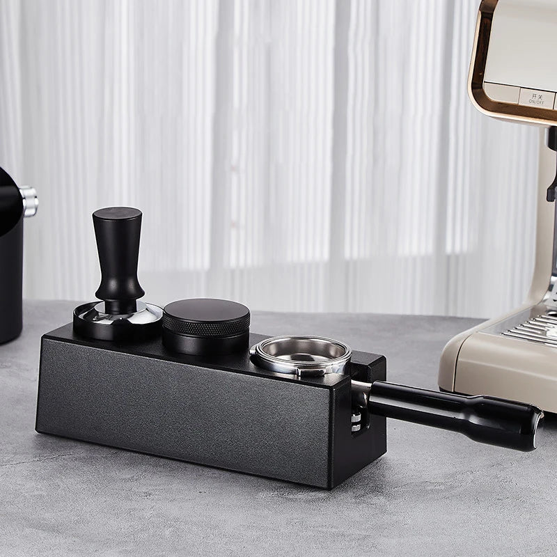 Solid Black Coffee Tamp, Distributor and Portafilter Holder