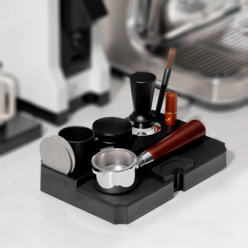 Solid Black Coffee Tamping Station with Silicone Mat