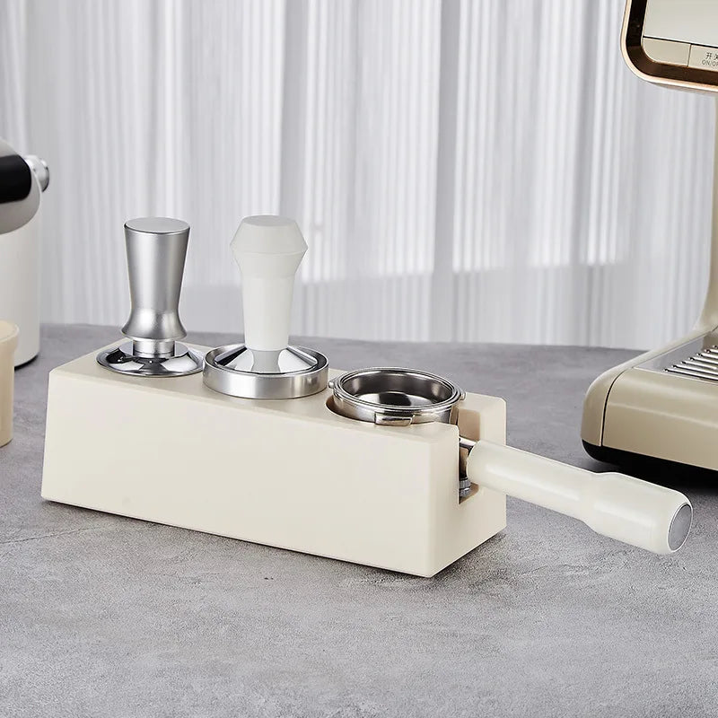 Solid White Coffee Tamp, Distributor and Portafilter Holder