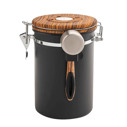 black with wood grain lid and spoon stainless steel vacuum sealed coffee bean canister